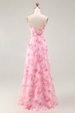 Pink Flower A-Line Cowl Neck Print Long Bridesmaid Dress with Slit