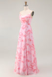 Pink Flower A-Line Cowl Neck Print Long Bridesmaid Dress with Slit