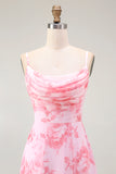 Pink Flower A-Line Cowl Neck Print Long Bridesmaid Dress with Slit