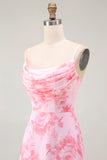 Pink Flower A-Line Cowl Neck Print Long Bridesmaid Dress with Slit