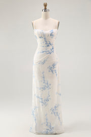 White Blue Flower Sheath Velvet Burnout Maxi Dress with Lace Up Back