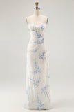 White Blue Flower Sheath Velvet Burnout Maxi Dress with Lace Up Back