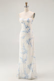 White Blue Flower Sheath Velvet Burnout Maxi Dress with Lace Up Back