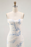 White Blue Flower Sheath Velvet Burnout Maxi Dress with Lace Up Back