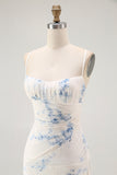 White Blue Flower Sheath Velvet Burnout Maxi Dress with Lace Up Back