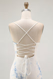 White Blue Flower Sheath Velvet Burnout Maxi Dress with Lace Up Back
