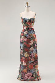 Black Flower Sheath Spaghetti Straps Print Maxi Dress with Lace Up Back