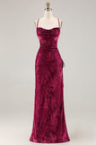 Dark Green Sheath Burnout Velvet Spaghetti Straps Maxi Dress with Lace Up Back