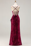 Dark Green Sheath Burnout Velvet Spaghetti Straps Maxi Dress with Lace Up Back