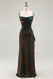Dark Green Sheath Burnout Velvet Spaghetti Straps Maxi Dress with Lace Up Back