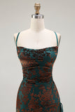 Dark Green Sheath Burnout Velvet Spaghetti Straps Maxi Dress with Lace Up Back