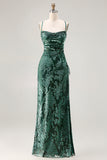 Dark Green Sheath Burnout Velvet Spaghetti Straps Maxi Dress with Lace Up Back