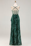 Dark Green Sheath Burnout Velvet Spaghetti Straps Maxi Dress with Lace Up Back