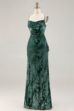 Dark Green Sheath Burnout Velvet Spaghetti Straps Maxi Dress with Lace Up Back