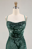 Dark Green Sheath Burnout Velvet Spaghetti Straps Maxi Dress with Lace Up Back