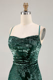 Dark Green Sheath Burnout Velvet Spaghetti Straps Maxi Dress with Lace Up Back