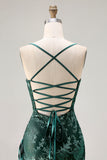 Dark Green Sheath Burnout Velvet Spaghetti Straps Maxi Dress with Lace Up Back