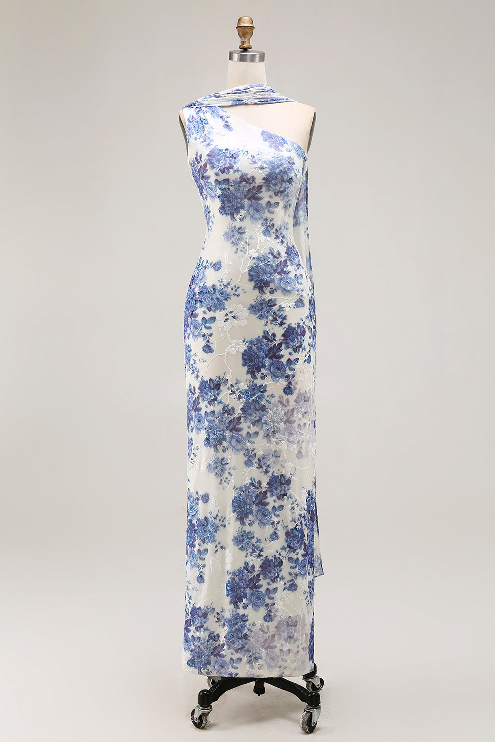 WEDTREND Women Blue Bridesmaid Dress Sheath One Shoulder Floral Burnout Wedding Guest Dress Long Convertible Dress with Shawl, Blue Flower / US16
