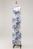 Blue Sheath One Shoulder Floral Burnout Long Convertible Dress with Shawl