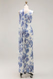 Blue Sheath One Shoulder Floral Burnout Long Convertible Dress with Shawl
