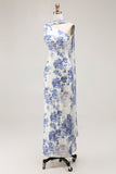 Blue Sheath One Shoulder Floral Burnout Long Convertible Dress with Shawl