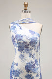 Blue Sheath One Shoulder Floral Burnout Long Convertible Dress with Shawl