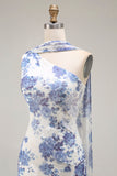 Blue Sheath One Shoulder Floral Burnout Long Convertible Dress with Shawl
