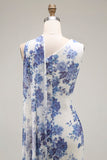 Blue Sheath One Shoulder Floral Burnout Long Convertible Dress with Shawl
