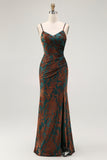 Dark Green Spaghetti Straps Sheath Velvet Burnout Maxi Dress with Slit