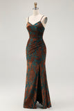 Dark Green Spaghetti Straps Sheath Velvet Burnout Maxi Dress with Slit