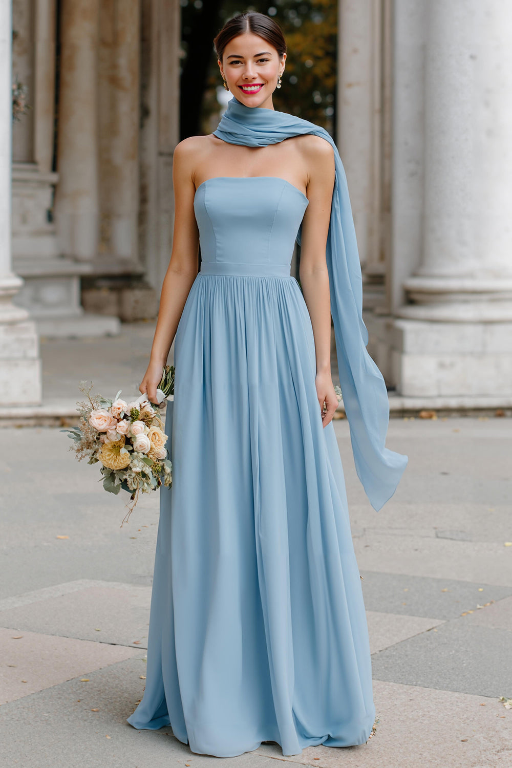 WEDTREND Women Strapless Dusty Blue Long Bridesmaid Dress A-Line Sleeveless Chiffon Wedding Guest Dress WEDTREND Women Strapless Dusty Blue Long Bridesmaid Dress A-Line Sleeveless Chiffon Wedding Guest Dress
