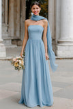 Dusty Blue Strapless Chiffon A-Line Long Bridesmaid Dress