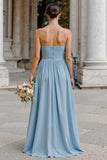Dusty Blue Strapless Chiffon A-Line Long Bridesmaid Dress