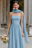Dusty Blue Strapless Chiffon A-Line Long Bridesmaid Dress