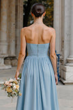 Dusty Blue Strapless Chiffon A-Line Long Bridesmaid Dress