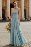 Sweetheart A-Line Dusty Blue Pleated Long Bridesmaid Dress
