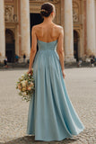 Sweetheart A-Line Dusty Blue Pleated Long Bridesmaid Dress