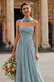Sweetheart A-Line Dusty Blue Pleated Long Bridesmaid Dress