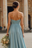 Sweetheart A-Line Dusty Blue Pleated Long Bridesmaid Dress