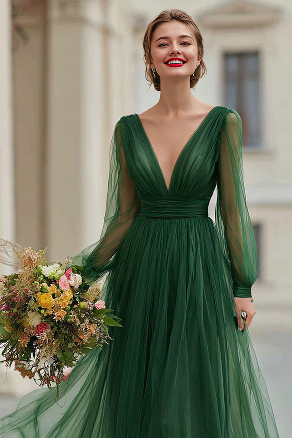 WEDTREND Women Elegant Dark Green Bridesmaid Dress A-Line V-Neck Long Sleeves Pleated Wedding Guest Dress WEDTREND Women Elegant Dark Green Bridesmaid Dress A-Line V-Neck Long Sleeves Pleated Wedding Guest Dress