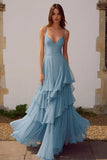 Dusty Blue A-Line Spaghetti Straps Long Bridesmaid Dress with Ruffles