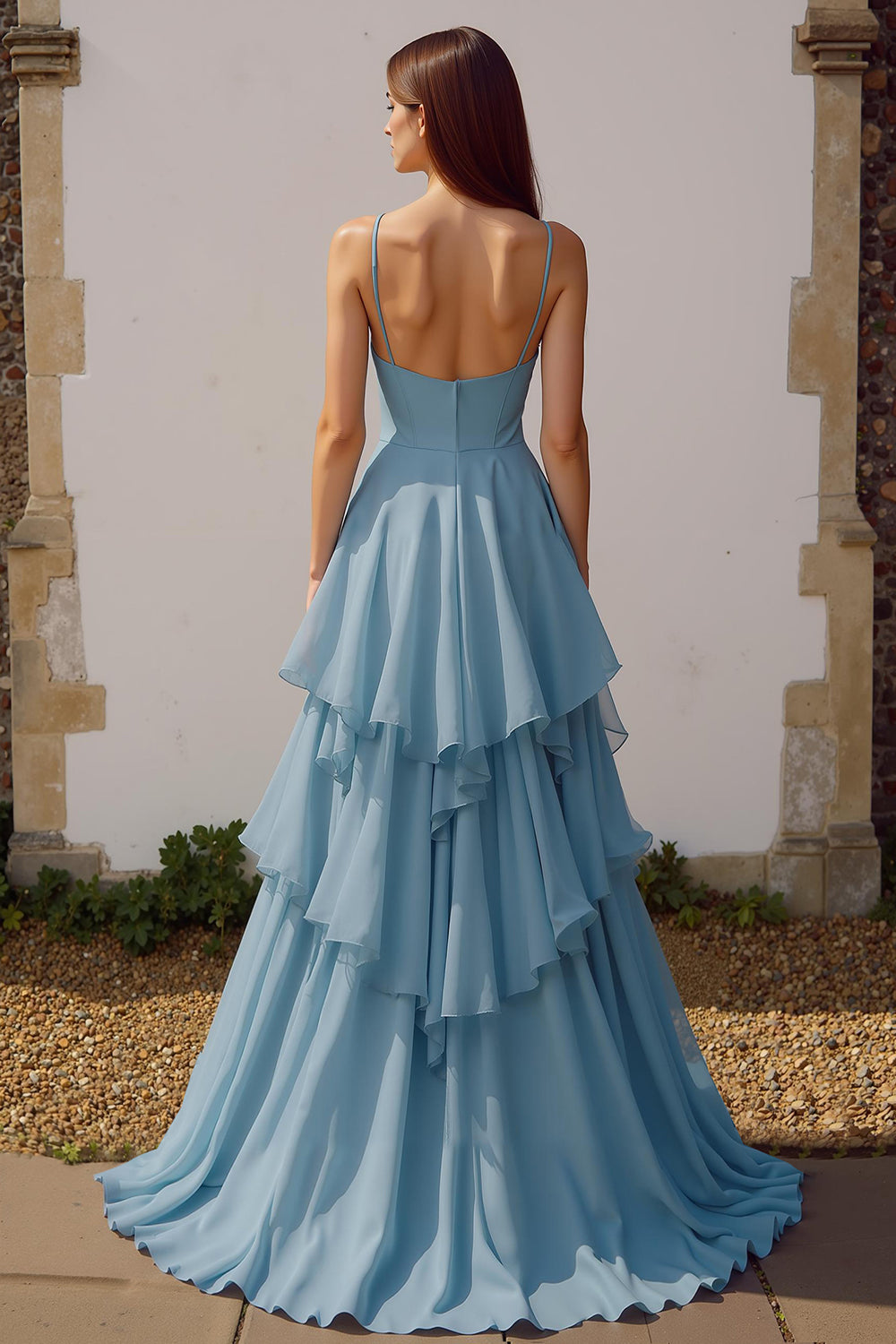dusty blue ruffle dress Dusty Blue Cross-Back Plunge V Ruffle Maxi Prom Dress