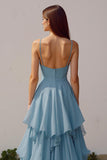 Dusty Blue A-Line Spaghetti Straps Long Bridesmaid Dress with Ruffles