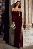 Cold Shoulder Burgundy Sheath Burgundy Sheath Velvet Holiday Party Dress with Slit