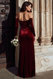 Cold Shoulder Burgundy Sheath Burgundy Sheath Velvet Holiday Party Dress with Slit