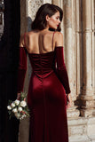 Cold Shoulder Burgundy Sheath Burgundy Sheath Velvet Holiday Party Dress with Slit