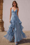 Dusty Blue Spaghetti Straps Chiffon A-Line Ruffled Bridesmaid Dress