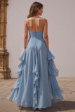 Dusty Blue Spaghetti Straps Chiffon A-Line Ruffled Bridesmaid Dress
