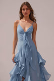 Dusty Blue Spaghetti Straps Chiffon A-Line Ruffled Bridesmaid Dress