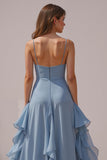 Dusty Blue Spaghetti Straps Chiffon A-Line Ruffled Bridesmaid Dress